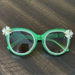 Green Cat-Eye Sunglasses with Rhinestones and Faux Pearl Accent